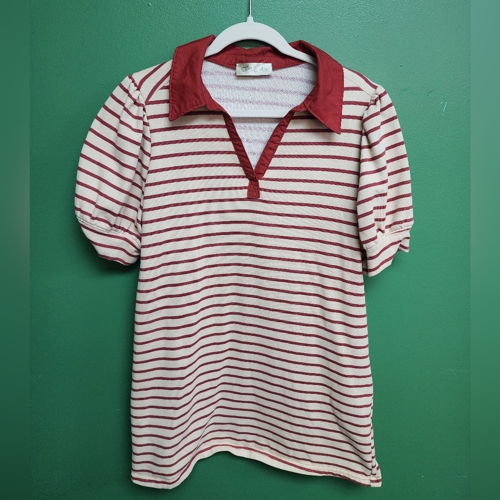 Style U Red & Cream Striped Collared Top Puff Sleeve Size Large